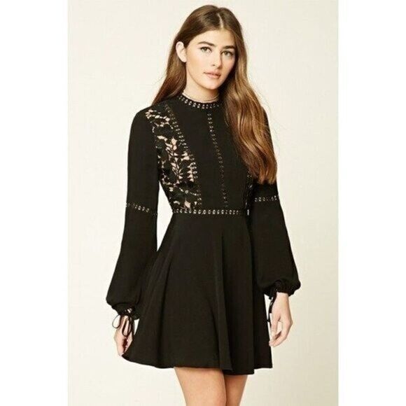 Forever 21 Black Crochet Overlay Long Sleeve Mini Dress S - Picture 1 of 4